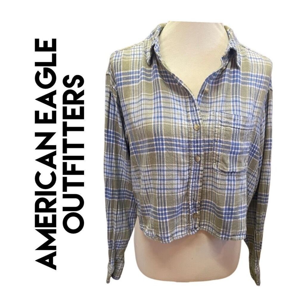 American Eagle Outfitters Blue/Green/White Plaid Long Sleeve Button Down Linen B